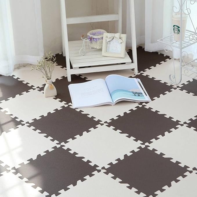 18 Pieces Foam Play Mat, Interlocking Playmat Tiles, Foam Floor Mat Tiles for Kids, Puzzle Play Mats, Exercise Gym Mats – Color of Gray & White with Border