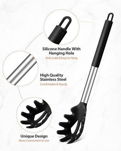Silicone Spaghetti Spoon & Pasta Tong, Non-Stick Stainless Steel Handle Pasta Fork Set with Teeth, Food Clip for Easy Serving of Noodles (Black)