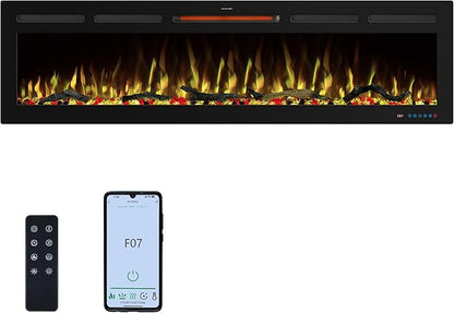 65" WiFi Electric Fireplace Inserts, Recessed and Wall Mounted Fireplace Heater