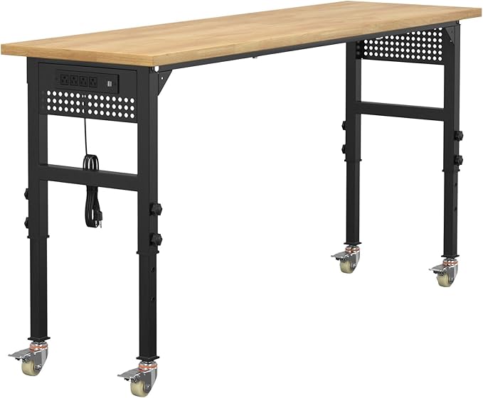70" Adjustable Workbench,Heavy-Duty Work Table,3000 LBS Load Capacity Hardwood Workstation Outlets with Power Strips, Drawers and Wheels,for Workshop, Garage