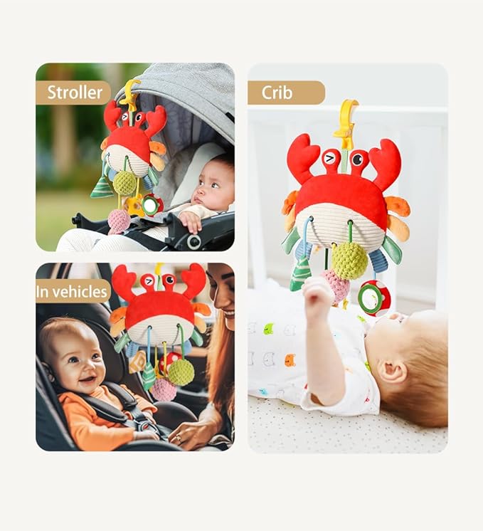 Car Seat Toys for Babies 0–12 Months – Hanging Baby Activity Toy for Car Seat, Stroller, Crib & Gym – Infant Plush Rattle with Mirror, Crinkle, Clip-On for Boys & Girls