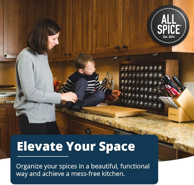 AllSpice Spice Rack Organizer, 525 Unique Labels, Countertop or Wall Mount
