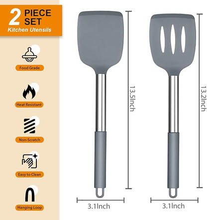Silicone Spatula Set of 2, E-far Solid & Slotted Turner