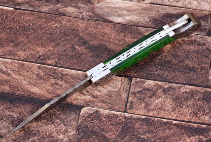 9" long Folding Knife, Bull Horn Scale with Engraved steel bolster, custom made 4" Hand Forged Damascus steel blade Cow hide leather sheath with belt loop (Bull Horn) (Parrot green)