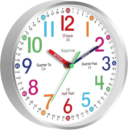 Wall Clock for Kids Learning Easily Kids Teaching Clock Silent Non Ticking Battery Operated Colorful Teaching Time Clock Decorative for Kids Room Classroom School (10 Inch)
