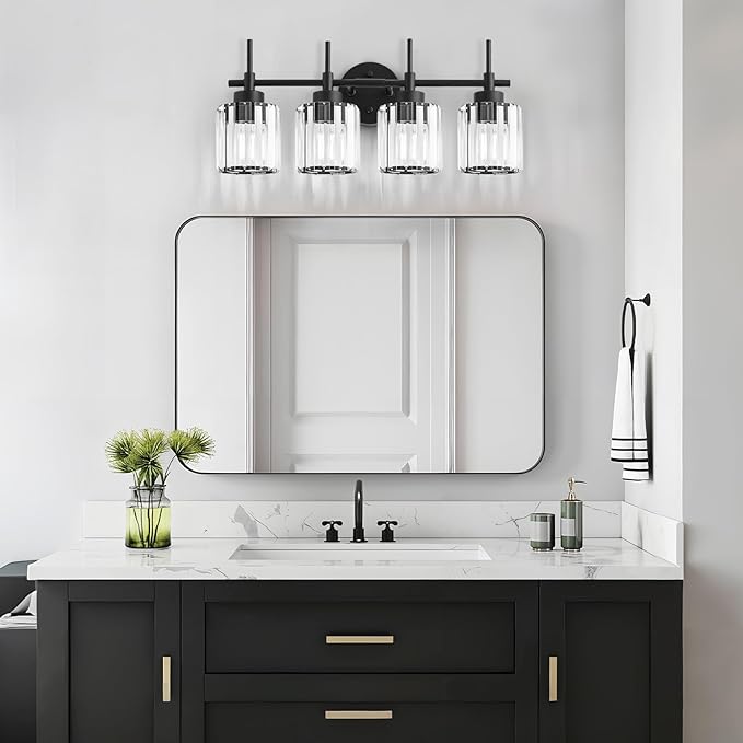 EJIAXIN 4 Light Round Crystal Vanity Lights, Modern Black Crystal Wall Light