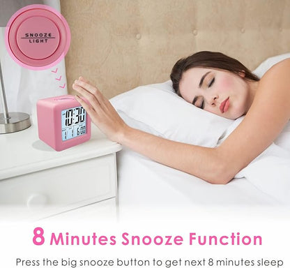 Plumeet Digital Alarm Clock Kids Clock with Snooze and White Nightlight - Easy Setting Travel Alarm Clocks Display Time, Date, Alarm - Ascending Sound - Battery Powered (Baby Pink)