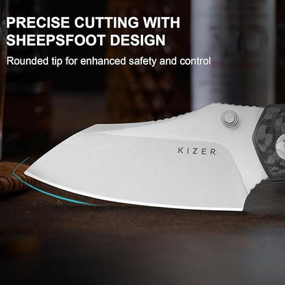 Kizer Mini Bulldog Pocket Knife, 2.5??S45VN Sheepsfoot Blade Folding Knife, Carbon Fiber Handle Clutch Lock Small EDC Knife for Men Women Gift, Camping Hunting Knives Ki3672SA3