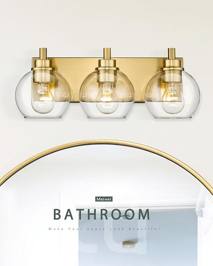 METWET Bathroom Light Fixtures, 3-Light Brushed Gold Vanity Light, Modern Wall