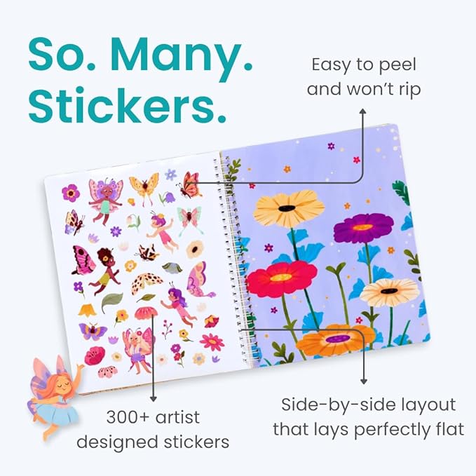 Fairies in The Garden by Cupkin, Toddler Sticker Book for Kids, Fairies Toy, Toddler Road Trip Essentials, 300+ Girly Stickers + 8 Sticker Scenes and Coloring Pages, Stickers Ages 2+