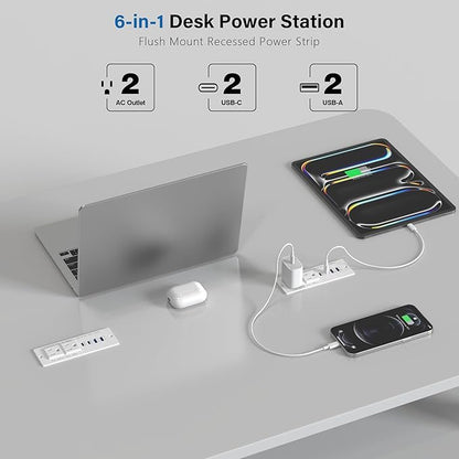 Recessed Power Strip Fast Charging Station 2 PD 65W USB C, Flush Mount