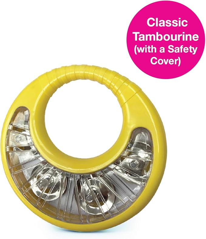 Edushape Classic Tambourine for Kids, Yellow - Percussion Musical Instrument Baby Tambourine for Toddlers 1-3, Kids Tambourine Fun Tummy Time, Fine Motor, Auditory and Visual Sensory Development