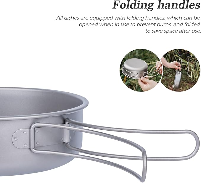 Boundless Voyage Titanium Bowls Dishes Set with Folding Handle Lightweight Portable Plates Saucers Tableware for Outdoor Camping Hiking Backpacking Ti1096T