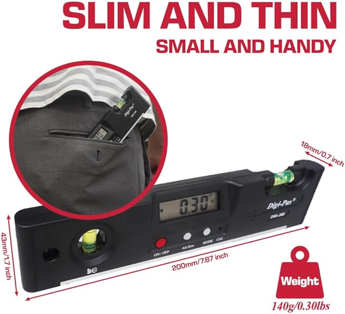 Digi-Pas DWL200 Electronic Torpedo Level, Protractor, Angle Gauge, Angle Finder