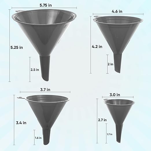 Funnel Gray in 4 Different Sizes Durable & Non-Toxic Food Grade Plastic -Funnels