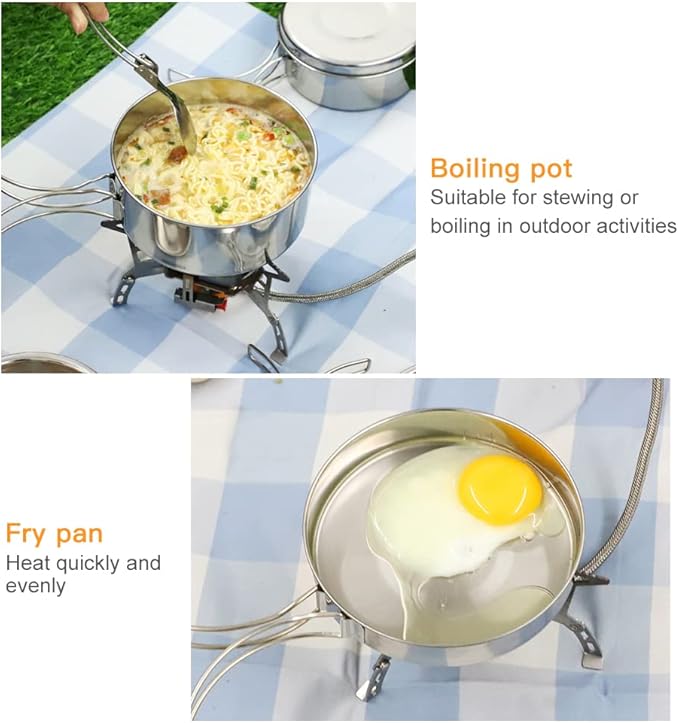 Lixada Camping Cookware Set, 4PCS Portable Stainless Steel Camp Cook Set, Lightweight Stackable Camping Pots and Pans Plate Set Camping Gear for Outdoor Backpacking Camping Hiking Picnic