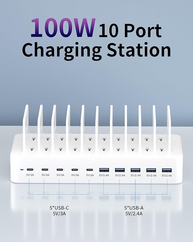 100W Charging Station for Multiple Devices, 10-Port USB Fast Charging Station