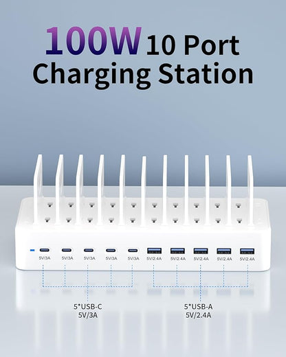100W Charging Station for Multiple Devices, 10-Port USB Fast Charging Station