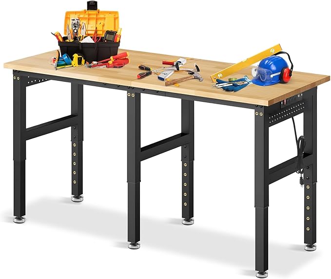 72” Adjustable Height Workbench, 5000 LBS Heavy Duty Table Rubber Wood Workstation with Power Outlet & Pegboard for Garage, Office, Workshop, Home,Commercial