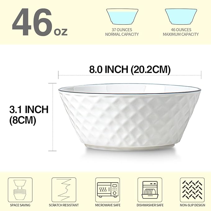 Yeacccng Ceramic Soup Bowls Set of 3, 46oz Deep Soup Bowls, Scratch-Resistant, Lead-Free, 8 inch Diamond Pattern Soup Bowl for Oatmeal,Salad,Pasta,Soups,Dessert,Fruits, Dishwasher & Microwave Safe