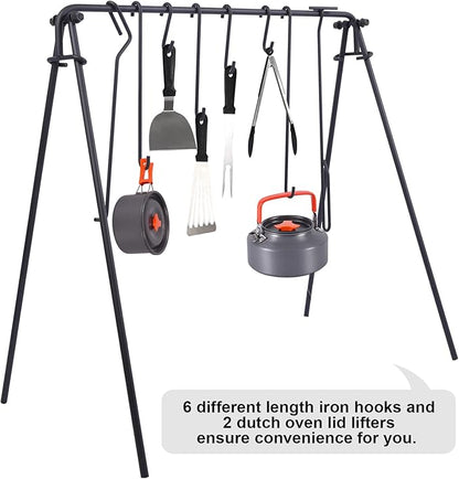 REDCAMP Swing Campfire Grill Stand - Collapsible Campfire Cooking Rack with 6 Hooks & Stainless Steel Grill Grate, Portable Dutch Oven Hanger for Outdoor Camping, Cookware, Bonfire, Rectangle ﻿