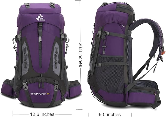 Bseash 60L Hiking Camping Backpack with Rain Cover, Waterproof Large Capacity Outdoor Sport Travel Daypack Climbing Touring (Purple)