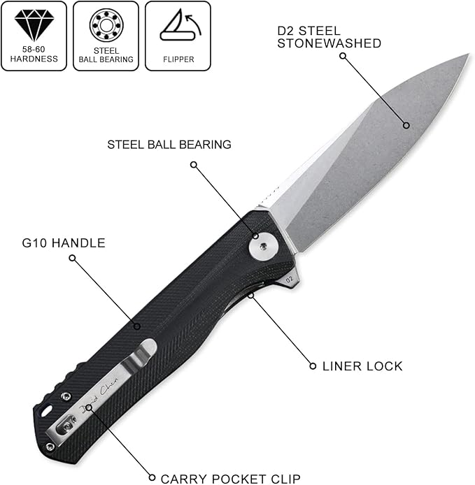 Petrified fish G10 handle D2 steel blade 2CR13 liner ball bearing flipper folding knife camping hunting EDC pocket tool PF818 (Black, Stonewash)