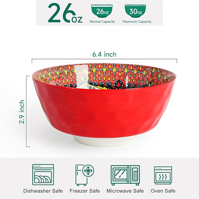 KitchenTour Cereal Bowls Set of 6, 26 oz Ceramic Soup Bowls for Kitchen, 6.4 Inch Colorful Serving Bowls for Oatmeal, Salad, Pasta, Dessert - Microwave & Dishwasher Safe
