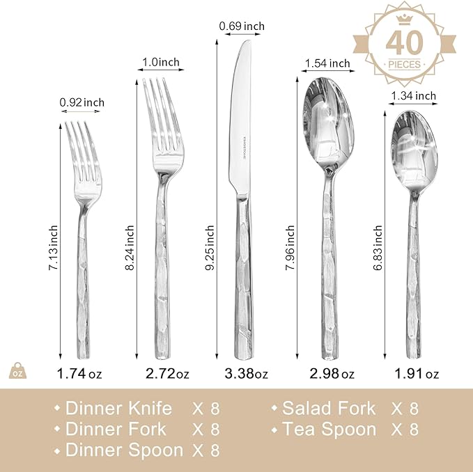KINGSTONE Silverware Set, 40-Piece 18/10 Stainless Steel Brushed Handle Flatware Cutlery Set, for Kitchen, Home, Party, Wedding Gift, Rust Resistant and Dishwasher Safe