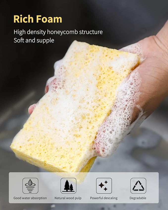 Cellulose Sponges, Heavy Duty Scrub Kitchen Sponge, Clean Tough Messes Without