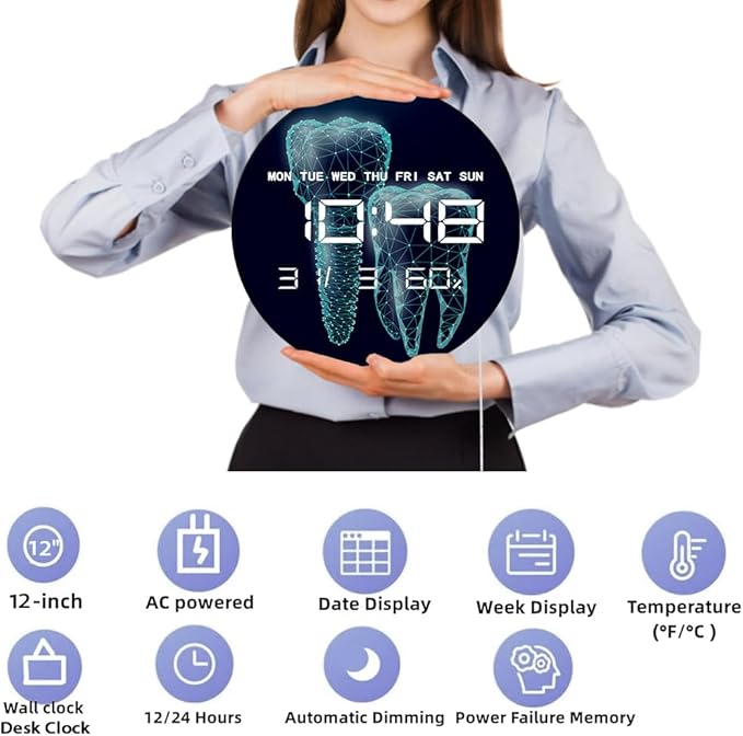 Timethink 12'' Molar Tooth Digital Wall Clock Large Display, Dental Clinic