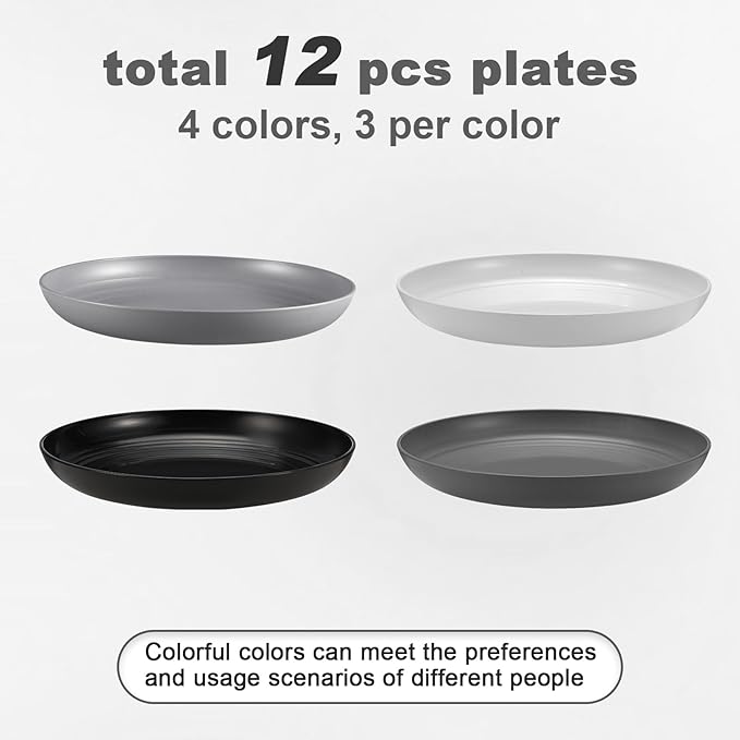 12 Pcs Unbreakable Deep Dinner Plates Set, 9 inch Reusable Plastic Wheat Straw Plates, Microwave and Dishwasher Safe Plate for Kitchen, Lightweight Plate for Dessert, BPA Free, 4 Colors