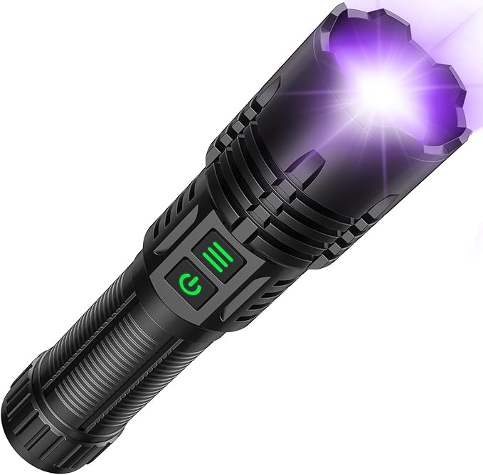 AdamStar UV&High Lumens Flashlight Rechargeable, 2-in-1 Powerful Blacklight LED Flashlight Tactical 6 Modes Super Bright Waterproof Zoomable Detector for Pet Urine Curing Resin Camping