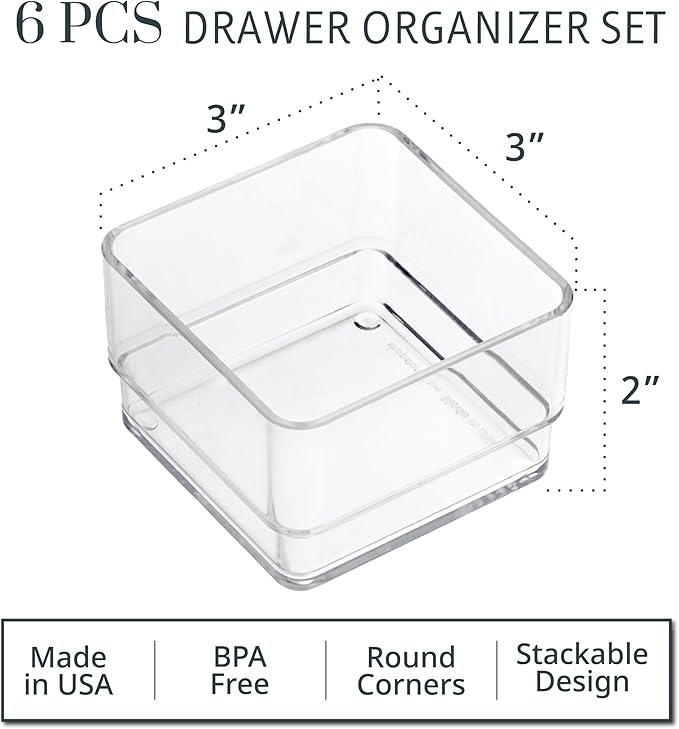 STORi SimpleSort 6-Piece Stackable Clear Drawer Organizer Set | 3" x 3" x 2"