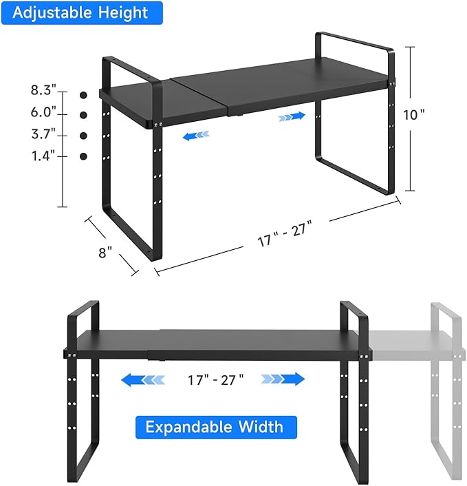 Expandable Cabinet Shelf Organizer, Stackable Kitchen Pantry Counter Storage, Adjustable Closet Cupboard Stand Rack Risers Spice Organization 80LBS Heavy Duty Black 2 Pack