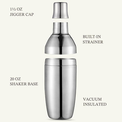 KITESSENSU Cocktail Shaker Set with Carry Case: Vacuum Insulated Martini Shaker with Built-in Strainer, 2 Martini Glasses, Measuring Jigger, Bar Mixing Spoon & Cocktail Recipes, Travel Bar Tool Set