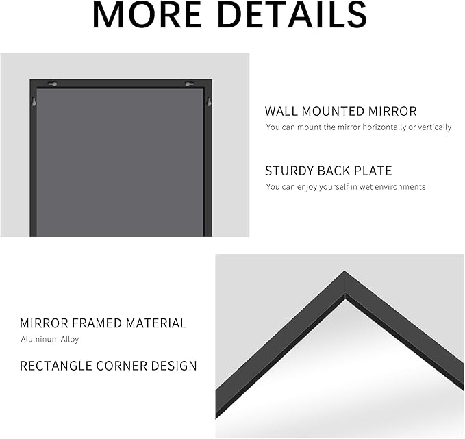 Black Bathroom Mirror for Wall, 55x36 Inch Rectangle Mirrors