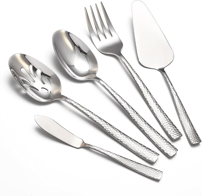 Large Hostess Serving Utensils Set, Stainless Steel Heavy Duty Hammered Serving spoons, Slotted Spoons, Serving Fork, Cake Server, Butter Knife, Dishwasher Safe（Silver）