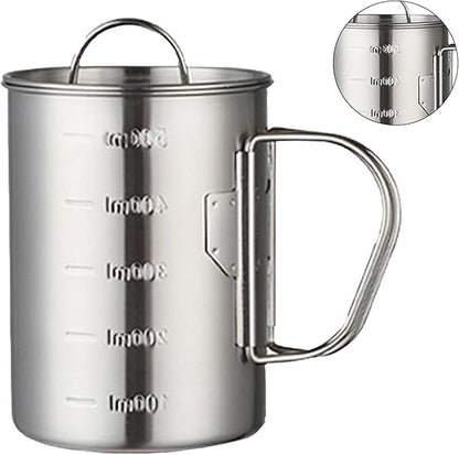 Stainless Steel Camping Cup, 17oz Fireproof Metal Cup with Lid and Foldable Handle, High Temperature Direct Heating, Great for Backpacking