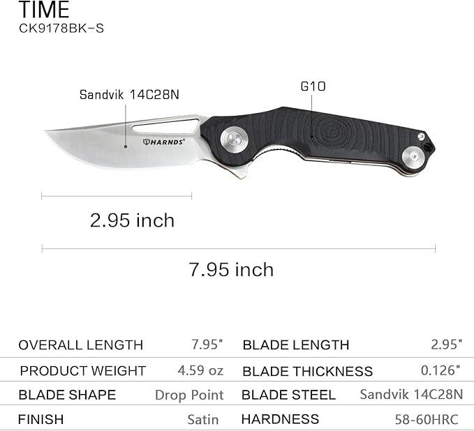 Harnds Time Folding Knife with Sandvik 14C28N Steel Blade Pocket Knife with G10 Handle Camping Knife with Pocket Clip (Black)