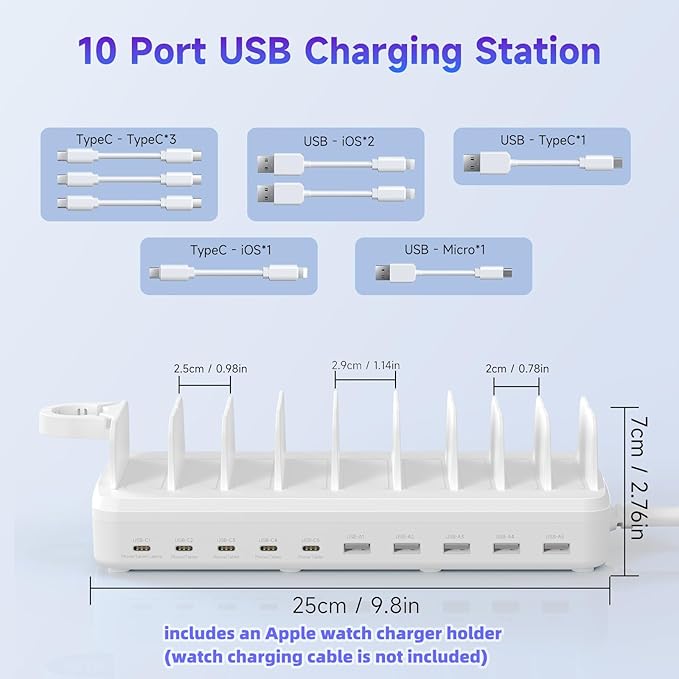 285W Charging Station for Multiple Devices, 10 Ports Fast Multi-Device Charger