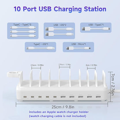 285W Charging Station for Multiple Devices, 10 Ports Fast Multi-Device Charger