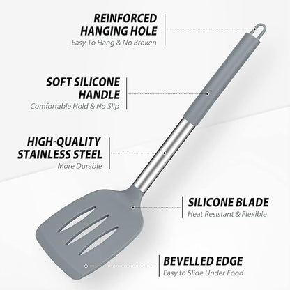 Pack of 4 Large Silicone Cooking Spatulas and Spoons, Slotted and Solid