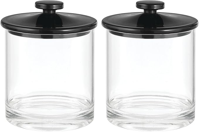 mDesign Small Modern Apothecary Storage Organizer Canister Jars - Acrylic Containers for Bathroom, Organization Holder for Vanity, Counter, Makeup Table, Lumiere Collection, 2 Pack, Clear/Black