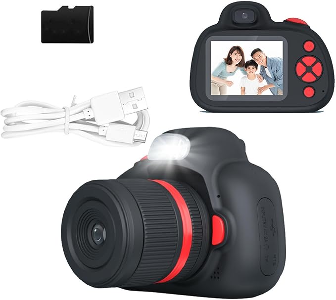 Kids Camera,Kids Digital Camera with Rotating Zoom Lens,1080P HD Digital for Kids with Flash,32GB SD,Christmas Birthday Gifts for Girls Boys 3-12 (Black, D6S)
