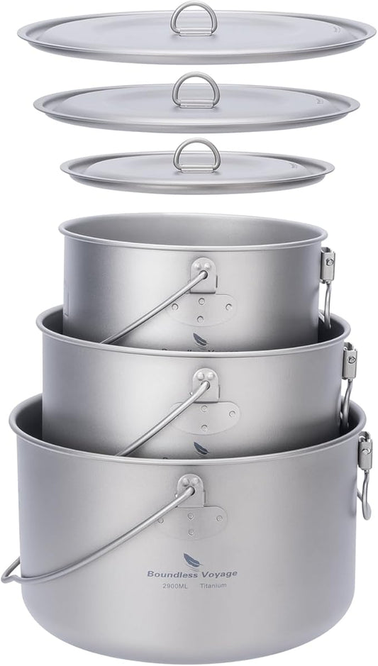 iBasingo 3-Piece Titanium Pot Set (1.3L+1.95L+2.9L) with Lids Ultralight Camping Cookware for Backpacking, Hiking & Outdoor Cooking, Nesting Backpacker Pots with Measurement Marks Ti2056C
