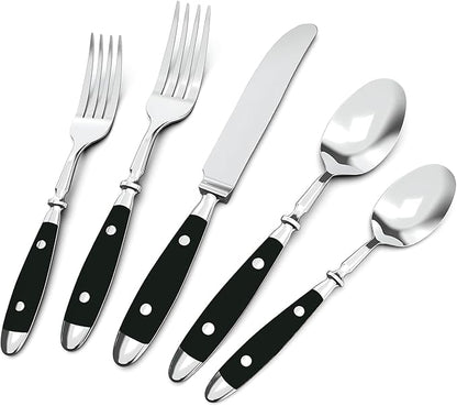 Silverware Set For 8 with Two Rivets, Vintage 40-Piece Everyday Flatware Set with Black Bakelite Handle, Stainless Steel Cutlery Set, Dishwasher Safe, Knives Spoons and Forks Set