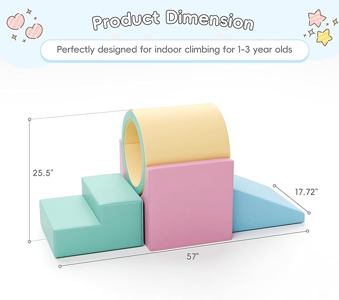 TOLEAD Tunnel/Ramps Foam Climber, Climb & Crawl Foam Activity Play Set for Toddlers and Kids, Safe Indoor Crawling Gym Equipment for,Infant,Baby Waterproof Easy to Clean (Pink)