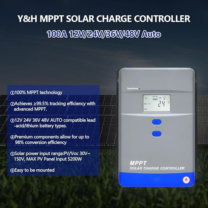 40A MPPT Solar Charge Controller 12V/24V Auto Battery Regulator LCD Display