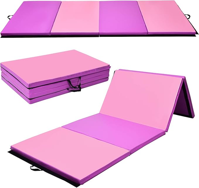 Giantex 4'x10'x 2" Gymnastics Mat, 4-Panel Folding Aerobics Exercise Mat w/Hook & Loop Fastener, Carrying Handle, Portable Tumbling Mat for Stretching Yoga Cheerleading Martial Arts